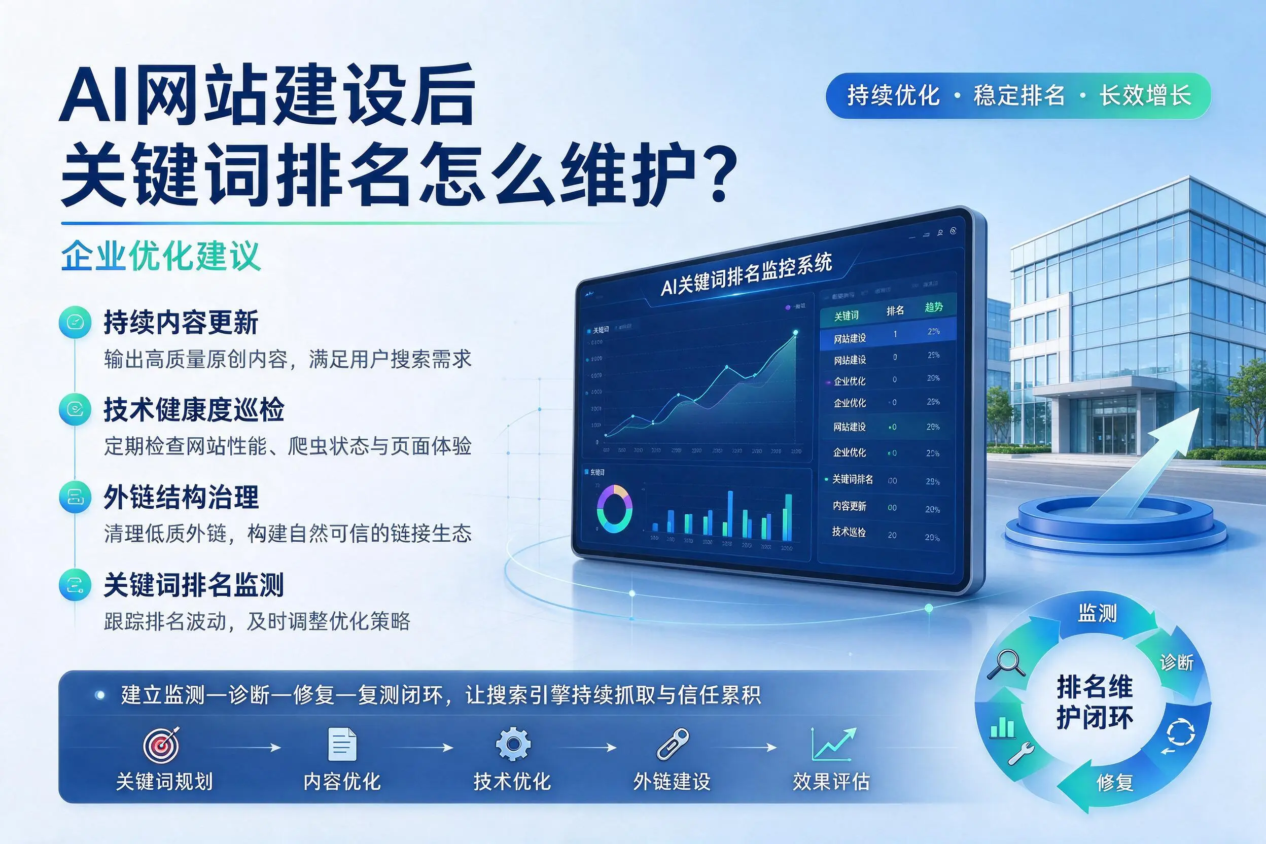 AI网站建设后关键词排名怎么维护?漯河企业优化建议