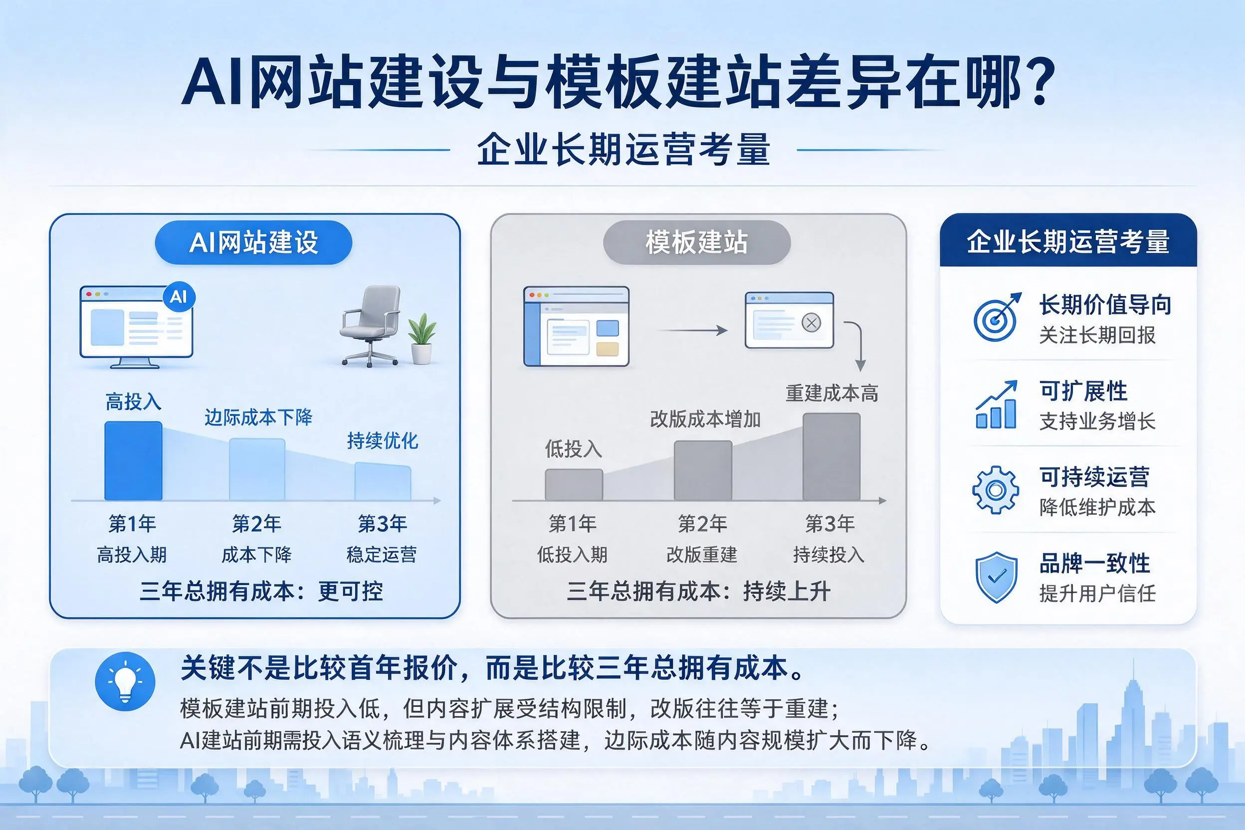 AI网站建设与模板建站差异在哪？漯河企业长期运营考量
